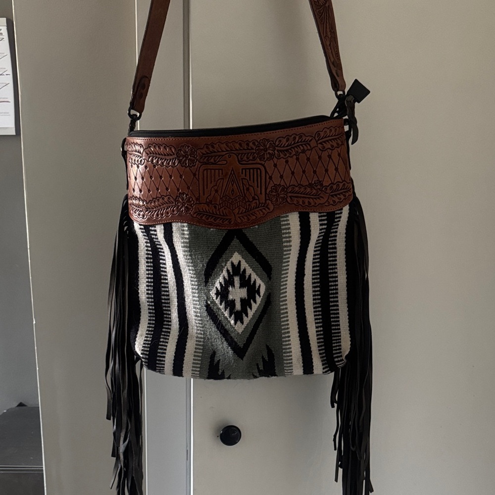 American Darling Brown and Black Geometric Fringe Bag
